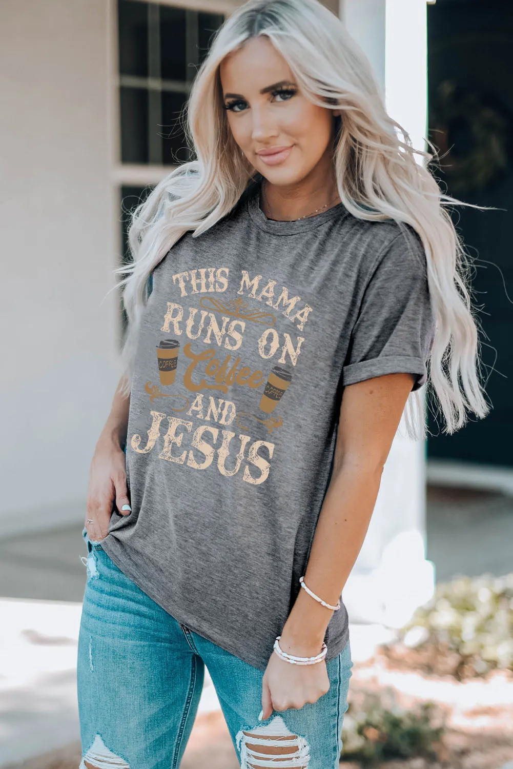 Caffeine and Faith Gray Graphic Tee with Slogan Detail