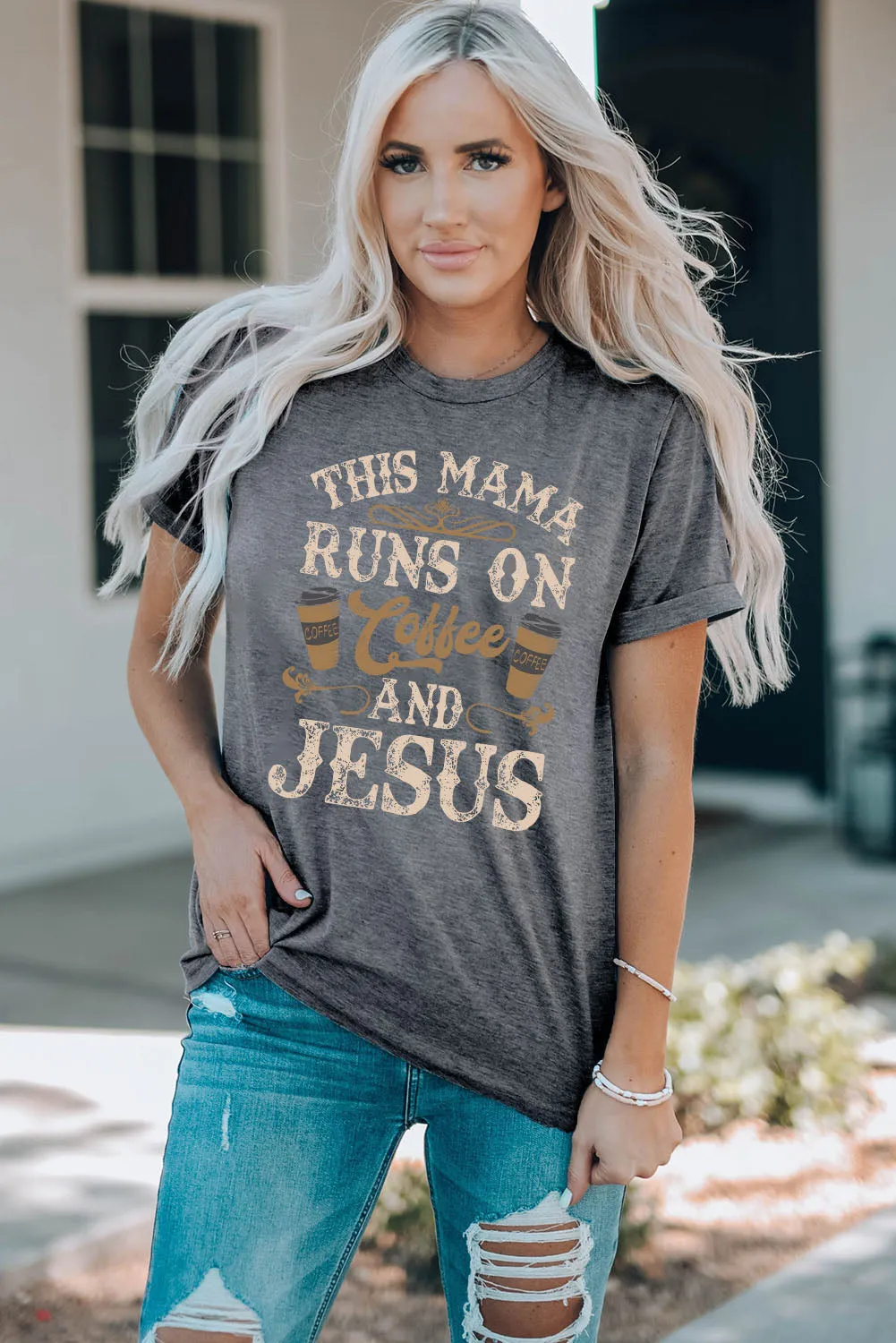 Caffeine and Faith Gray Graphic Tee with Slogan Detail