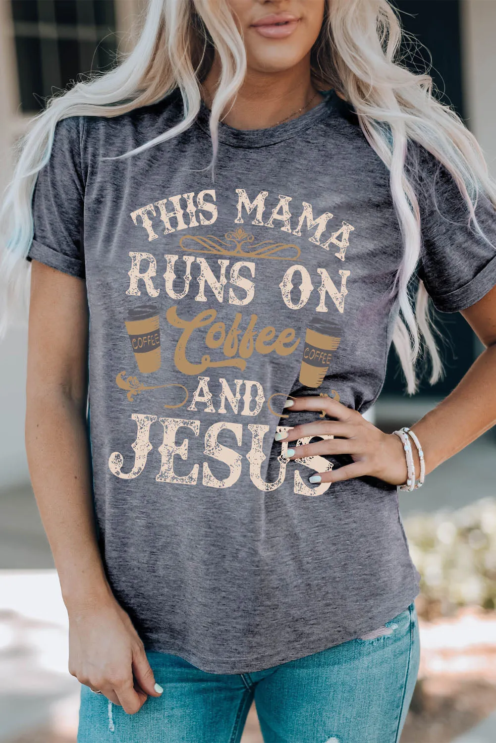 Caffeine and Faith Gray Graphic Tee with Slogan Detail