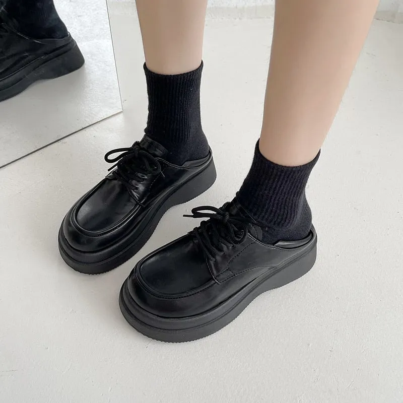 Christmas Gift 2022 New Ladies Gothic Women's Shoes Black White Leather Platform Lolita Mary Jane Flats Fashion Lace Up Harajuku Style Loafers