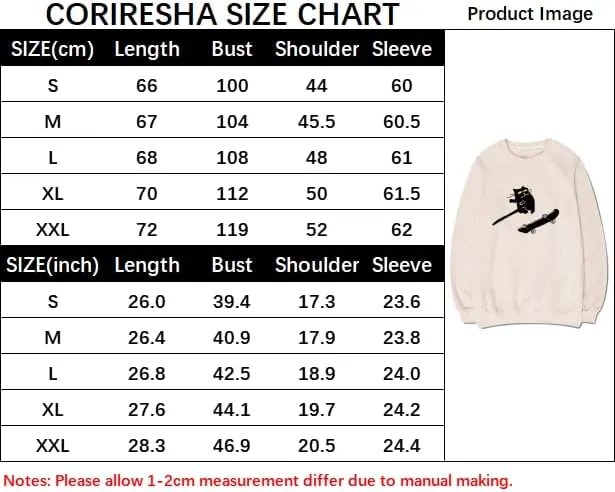 CORIRESHA Funny Cat Skateboard Crewneck Long Sleeve Cotton Basic Casual Pullover Sweatshirt