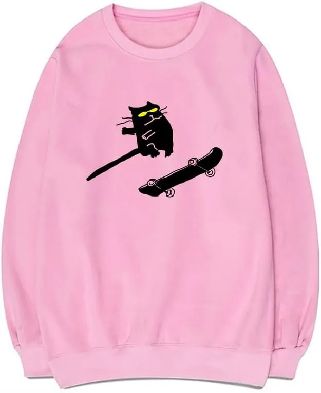 CORIRESHA Funny Cat Skateboard Crewneck Long Sleeve Cotton Basic Casual Pullover Sweatshirt