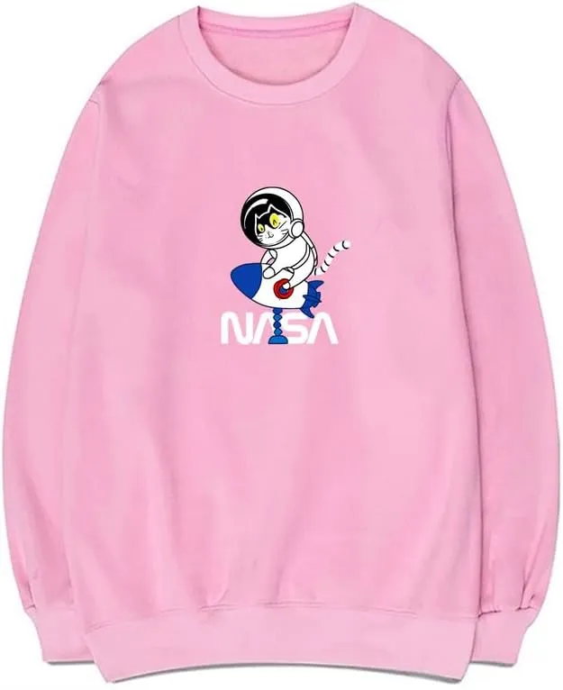 CORIRESHA Space Astronaut Cat Rocket NASA Long Sleeve Crew Neck Sweatshirt