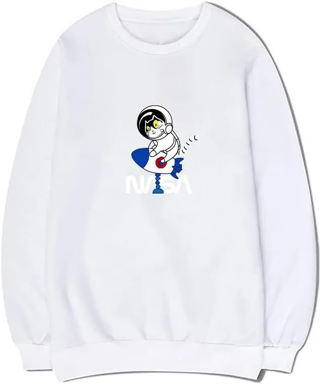 CORIRESHA Space Astronaut Cat Rocket NASA Long Sleeve Crew Neck Sweatshirt