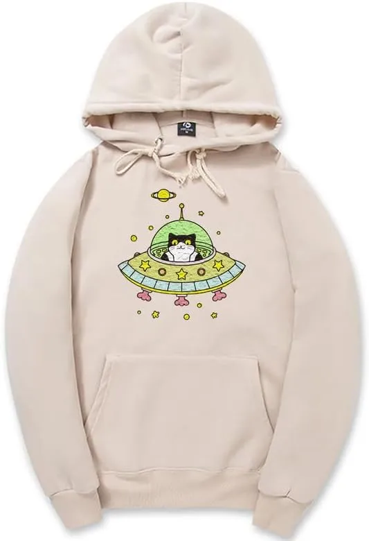 CORIRESHA Space Lover Hoodie Long Sleeve Drawstring Cute Cat Spaceship Sweatshirt