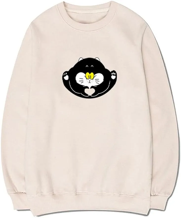 CORIRESHA Teen Cute Cat Crew Neck Long Sleeve Cotton Basic Pullover Sweatshirt