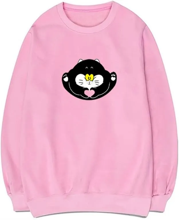 CORIRESHA Teen Cute Cat Crew Neck Long Sleeve Cotton Basic Pullover Sweatshirt