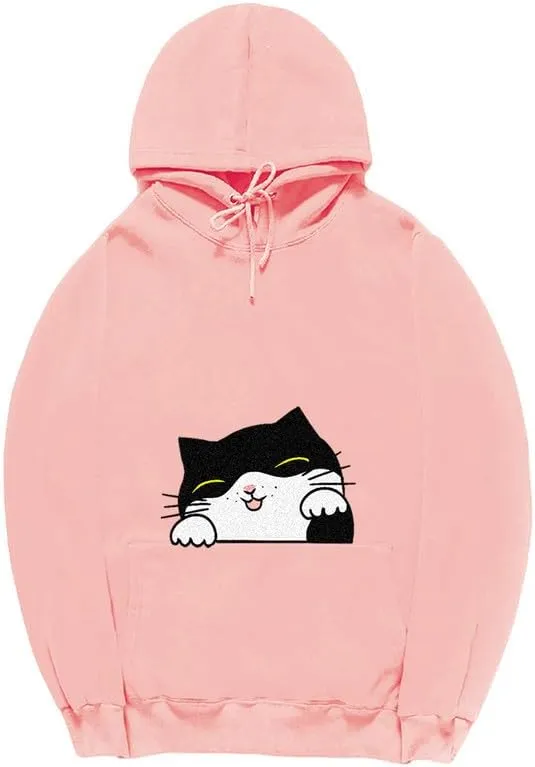 CORIRESHA Teen Cute Cat Hoodie Drawstring Long Sleeve Pocket Cotton Sweatshirt