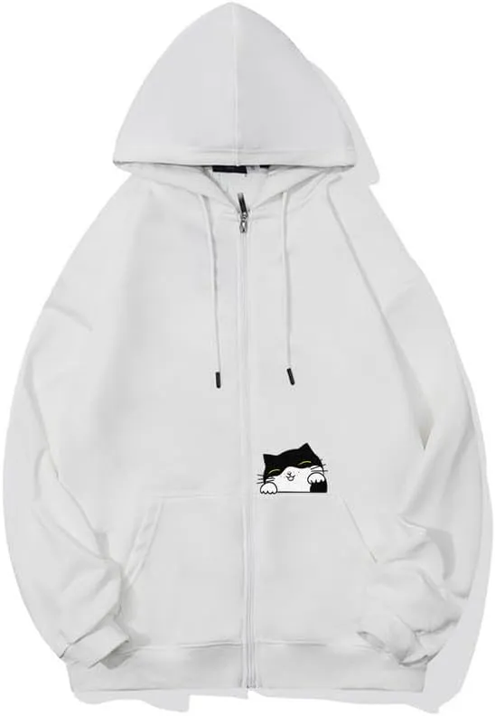 CORIRESHA Teen Cute Cat Zipper Hoodie Long Sleeve Drawstring Casual Sweatshirt