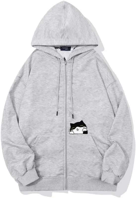 CORIRESHA Teen Cute Cat Zipper Hoodie Long Sleeve Drawstring Casual Sweatshirt