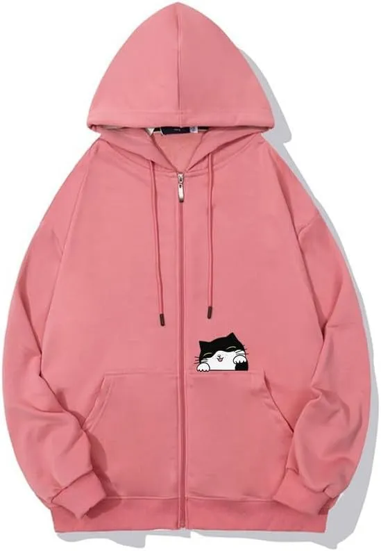 CORIRESHA Teen Cute Cat Zipper Hoodie Long Sleeve Drawstring Casual Sweatshirt