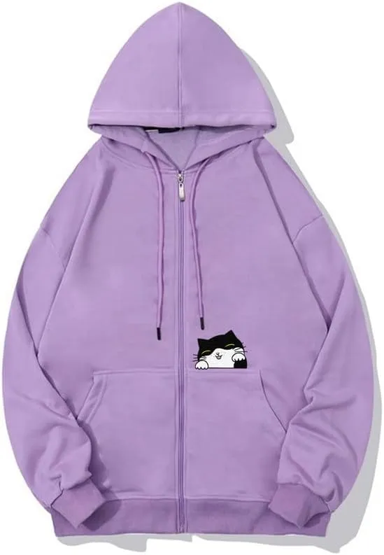 CORIRESHA Teen Cute Cat Zipper Hoodie Long Sleeve Drawstring Casual Sweatshirt