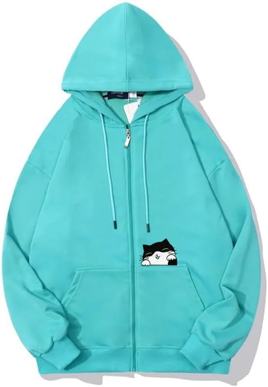 CORIRESHA Teen Cute Cat Zipper Hoodie Long Sleeve Drawstring Casual Sweatshirt