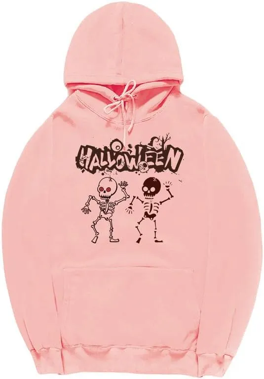 CORIRESHA Teen Halloween Skeleton Hoodie Casual Drawstring Y2K Aesthetic Gothic Sweatshirt