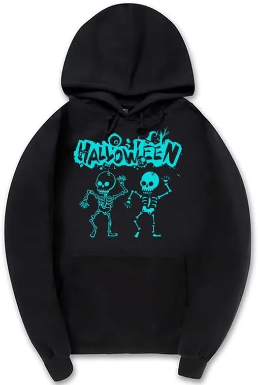 CORIRESHA Teen Halloween Skeleton Hoodie Casual Drawstring Y2K Aesthetic Gothic Sweatshirt