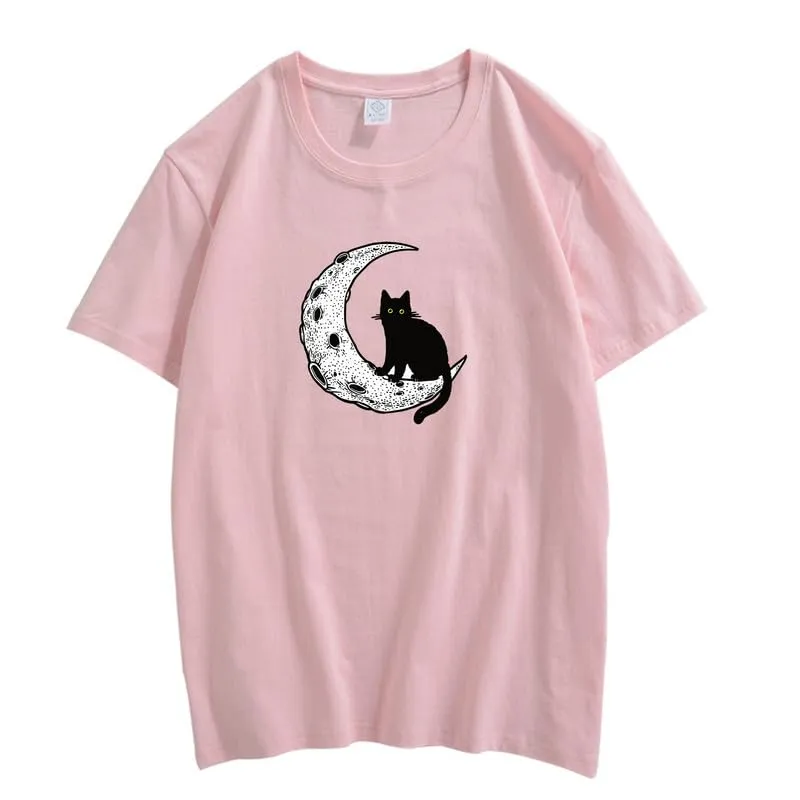 CORIRESHA Unisex Moon Cat Crewneck Short Sleeve Casual Soft Cotton Cute T-Shirt