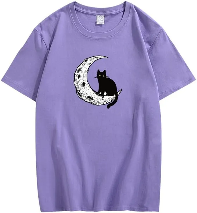 CORIRESHA Unisex Moon Cat Crewneck Short Sleeve Casual Soft Cotton Cute T-Shirt