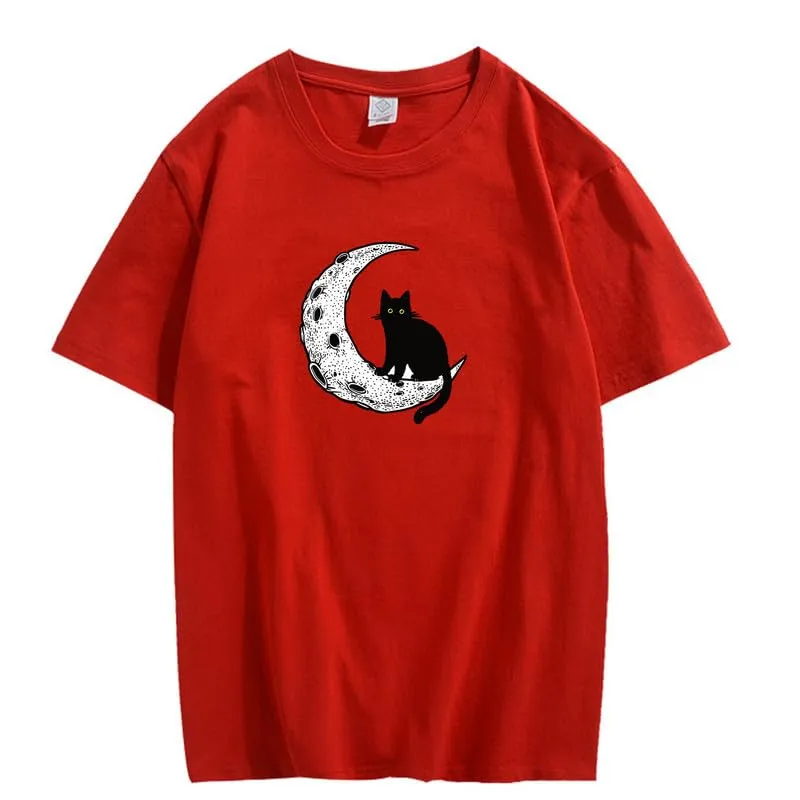 CORIRESHA Unisex Moon Cat Crewneck Short Sleeve Casual Soft Cotton Cute T-Shirt