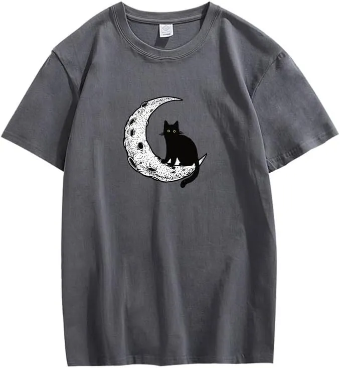 CORIRESHA Unisex Moon Cat Crewneck Short Sleeve Casual Soft Cotton Cute T-Shirt