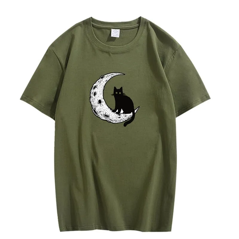 CORIRESHA Unisex Moon Cat Crewneck Short Sleeve Casual Soft Cotton Cute T-Shirt