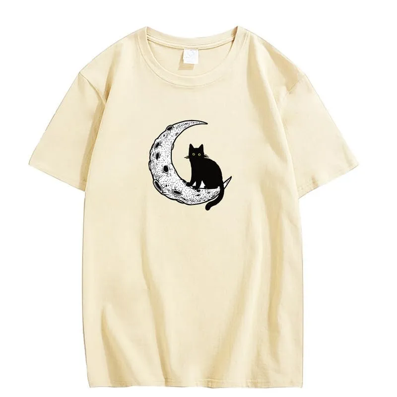 CORIRESHA Unisex Moon Cat Crewneck Short Sleeve Casual Soft Cotton Cute T-Shirt