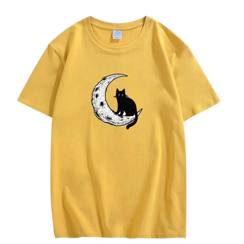 CORIRESHA Unisex Moon Cat Crewneck Short Sleeve Casual Soft Cotton Cute T-Shirt