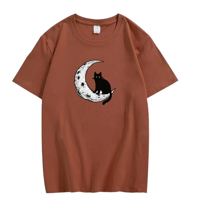 CORIRESHA Unisex Moon Cat Crewneck Short Sleeve Casual Soft Cotton Cute T-Shirt