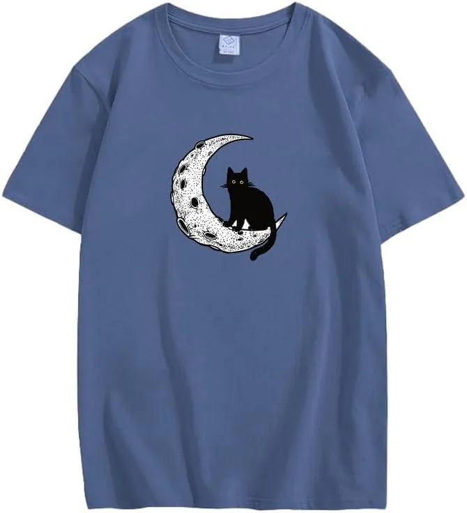 CORIRESHA Unisex Moon Cat Crewneck Short Sleeve Casual Soft Cotton Cute T-Shirt