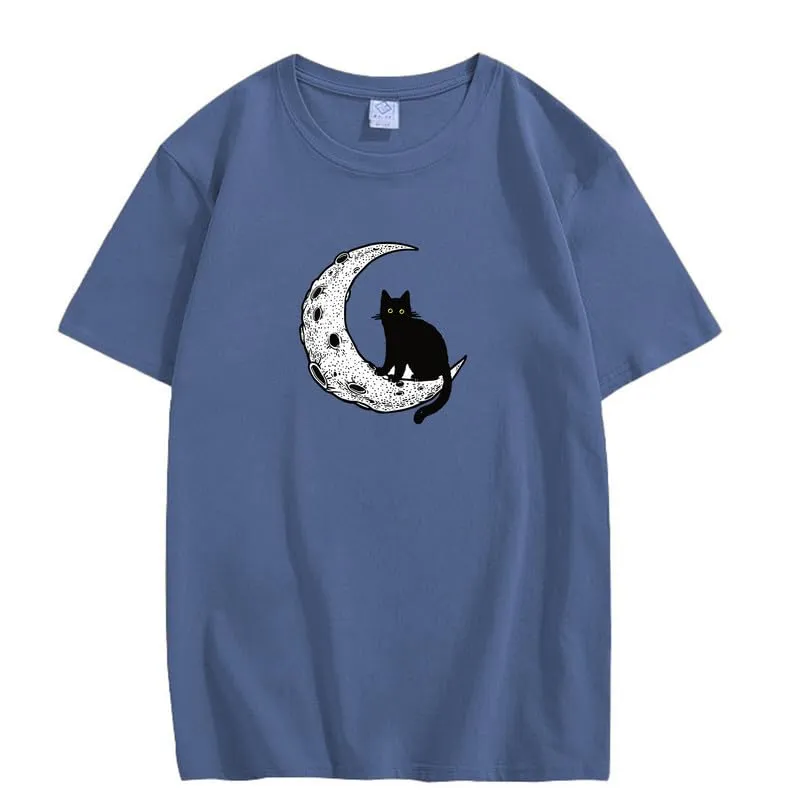 CORIRESHA Unisex Moon Cat Crewneck Short Sleeve Casual Soft Cotton Cute T-Shirt