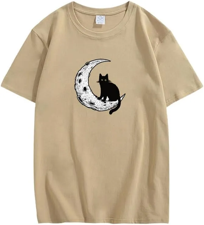 CORIRESHA Unisex Moon Cat Crewneck Short Sleeve Casual Soft Cotton Cute T-Shirt