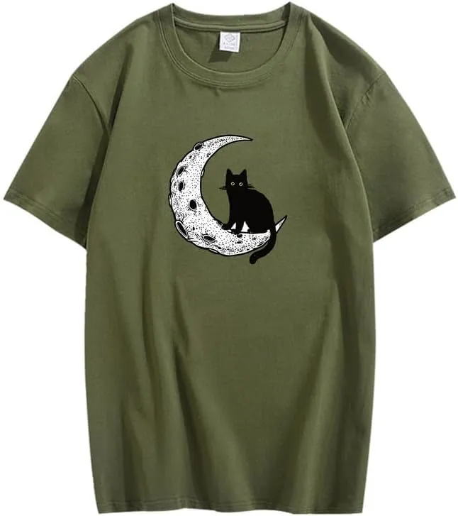 CORIRESHA Unisex Moon Cat Crewneck Short Sleeve Casual Soft Cotton Cute T-Shirt