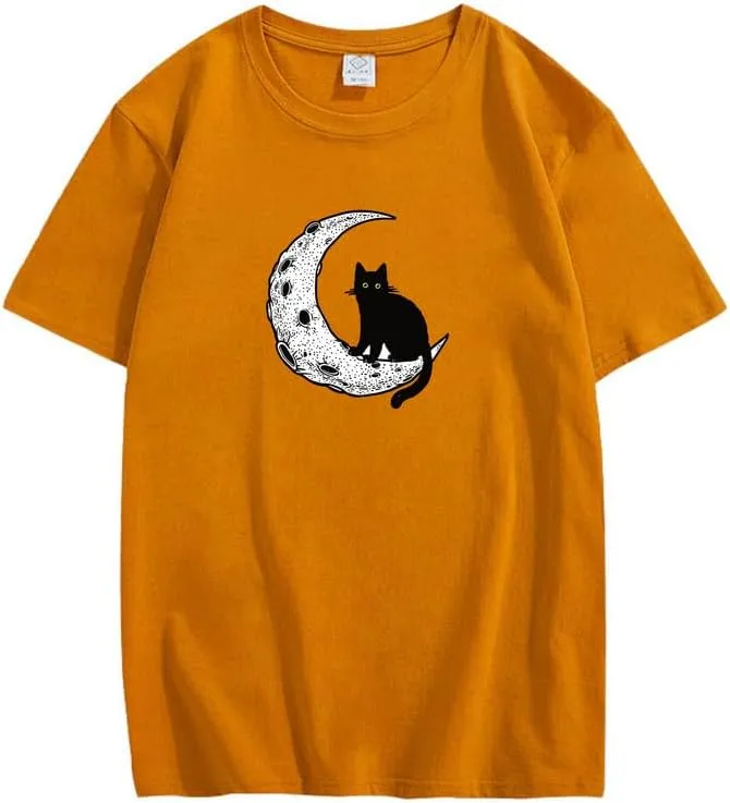 CORIRESHA Unisex Moon Cat Crewneck Short Sleeve Casual Soft Cotton Cute T-Shirt