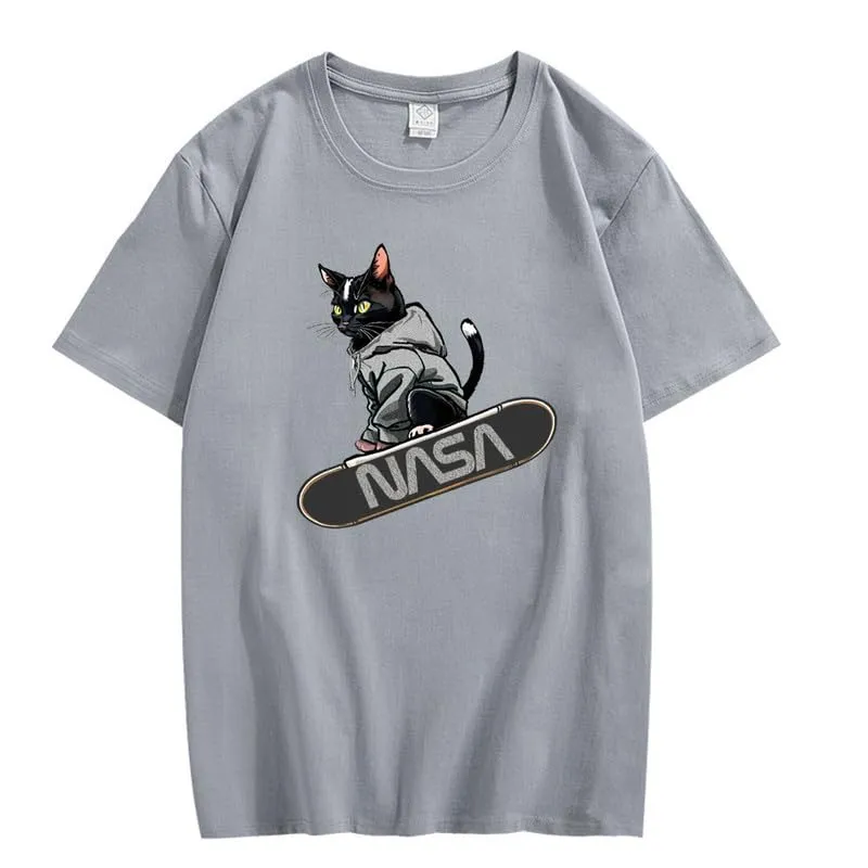 CORIRESHA Women's Cute Cat Skateboard Crew Neck Short Sleeve Casual Loose NASA T-Shirt