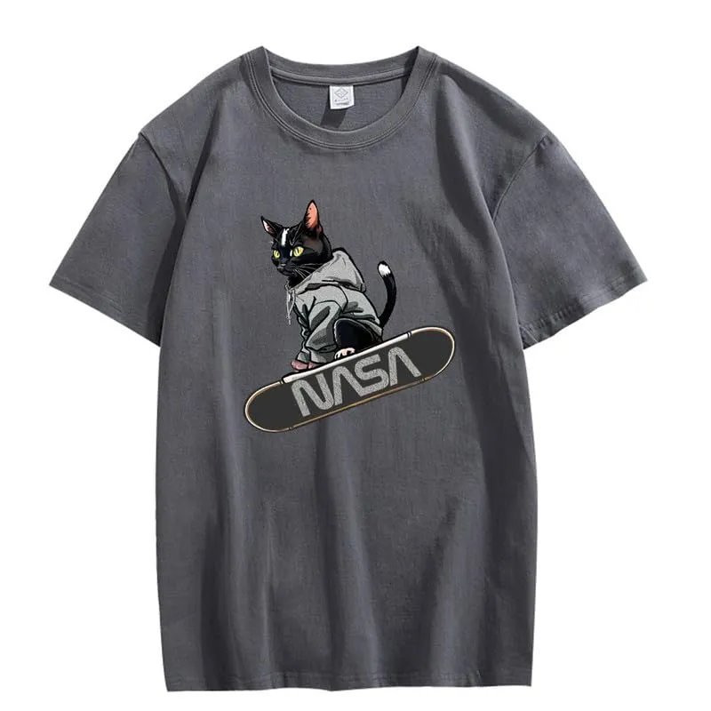 CORIRESHA Women's Cute Cat Skateboard Crew Neck Short Sleeve Casual Loose NASA T-Shirt