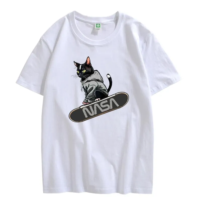 CORIRESHA Women's Cute Cat Skateboard Crew Neck Short Sleeve Casual Loose NASA T-Shirt