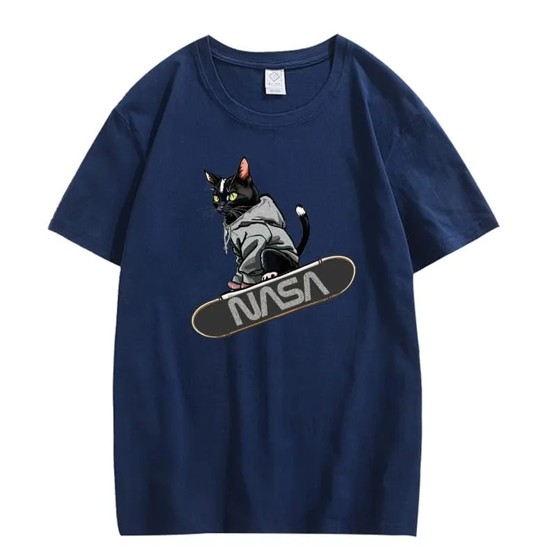 CORIRESHA Women's Cute Cat Skateboard Crew Neck Short Sleeve Casual Loose NASA T-Shirt