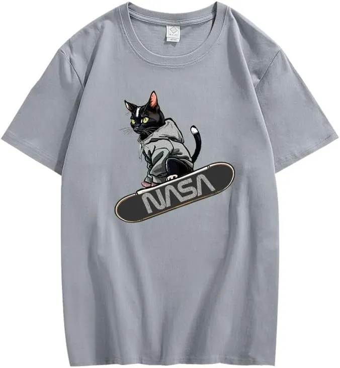 CORIRESHA Women's Cute Cat Skateboard Crew Neck Short Sleeve Casual Loose NASA T-Shirt