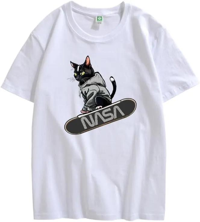 CORIRESHA Women's Cute Cat Skateboard Crew Neck Short Sleeve Casual Loose NASA T-Shirt