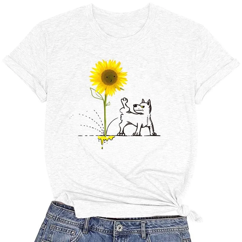 CORIRESHA Women's Dog Lovers Sunflower Print Summer Short Sleeve Round Neck Basic T-Shirt