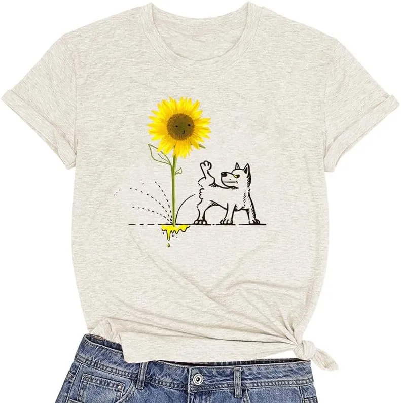 CORIRESHA Women's Dog Lovers Sunflower Print Summer Short Sleeve Round Neck Basic T-Shirt