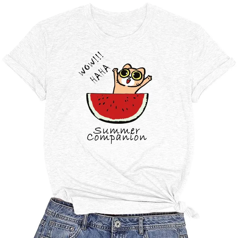 CORIRESHA Women's Funny Cat Eating Watermelon Pattern Crewneck Short Sleeve Cute T-Shirt