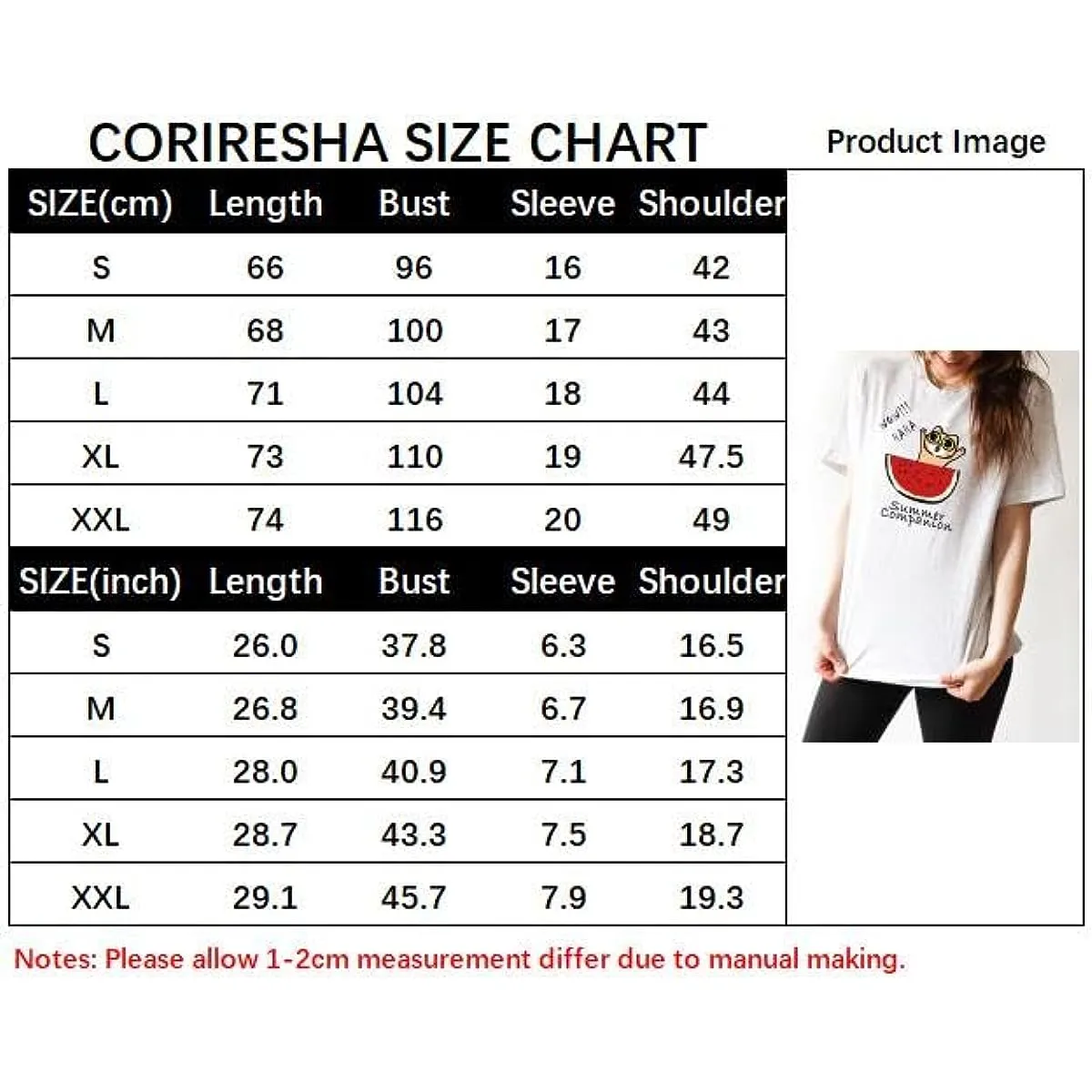 CORIRESHA Women's Funny Cat Eating Watermelon Pattern Crewneck Short Sleeve Cute T-Shirt