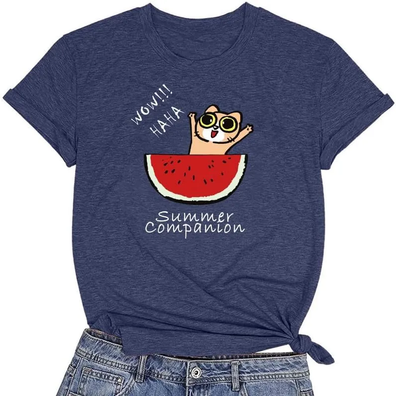 CORIRESHA Women's Funny Cat Eating Watermelon Pattern Crewneck Short Sleeve Cute T-Shirt