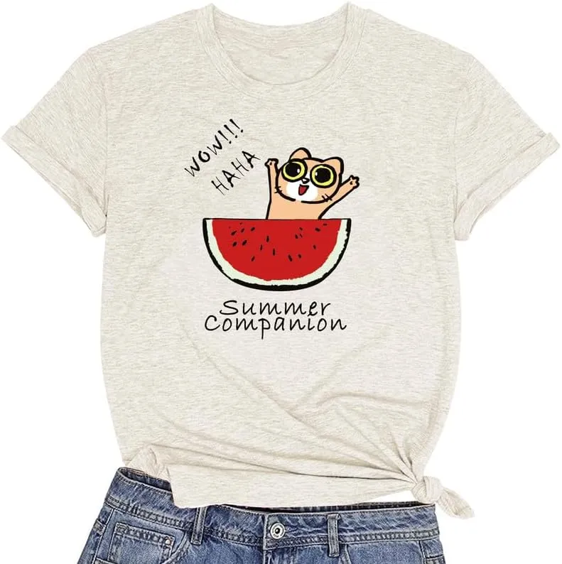 CORIRESHA Women's Funny Cat Eating Watermelon Pattern Crewneck Short Sleeve Cute T-Shirt