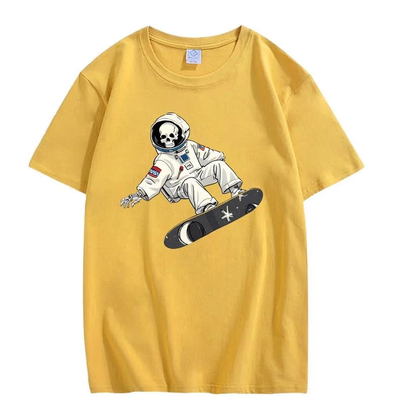 CORIRESHA Women's Skull Astronaut T-Shirt Casual Crewneck Short Sleeve Summer Skateboarding Top