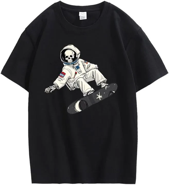 CORIRESHA Women's Skull Astronaut T-Shirt Casual Crewneck Short Sleeve Summer Skateboarding Top