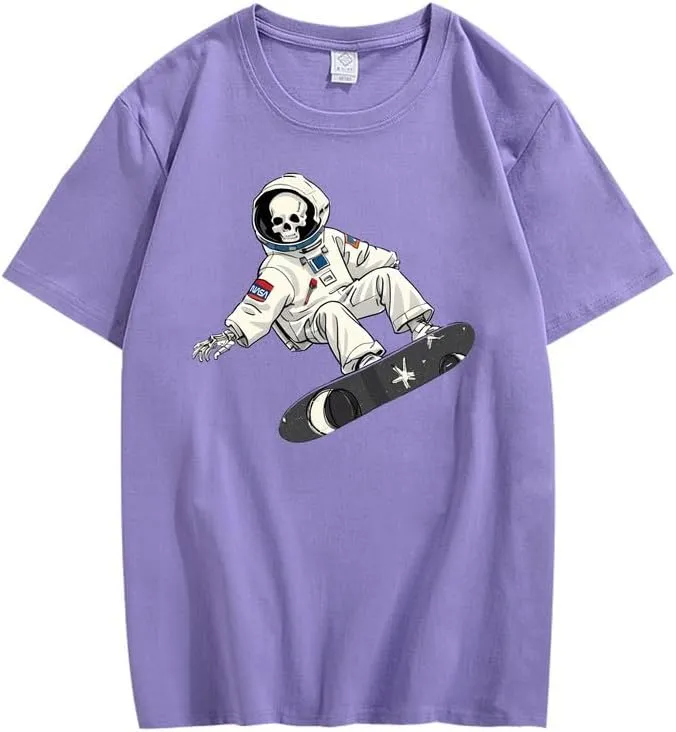 CORIRESHA Women's Skull Astronaut T-Shirt Casual Crewneck Short Sleeve Summer Skateboarding Top