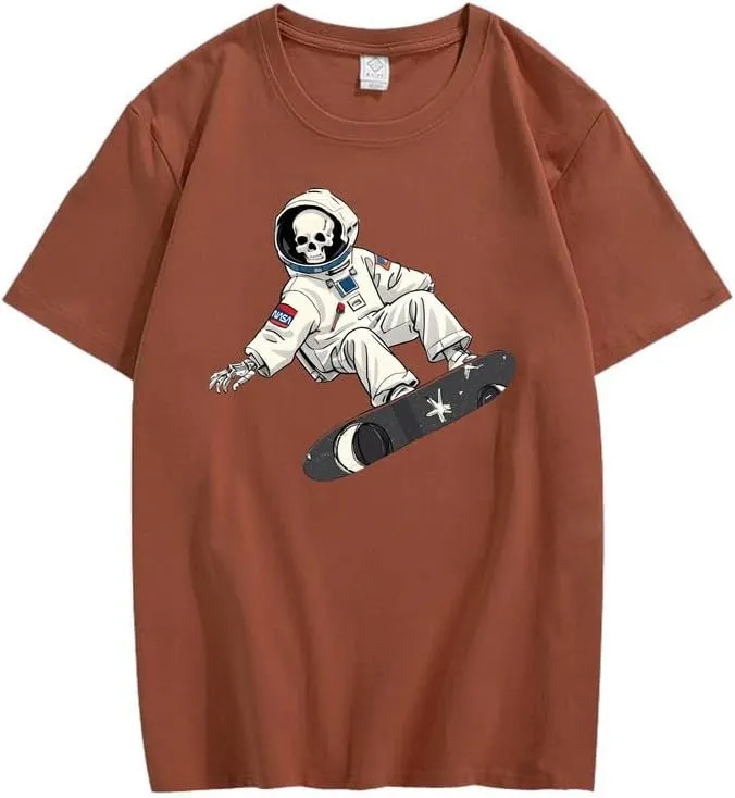 CORIRESHA Women's Skull Astronaut T-Shirt Casual Crewneck Short Sleeve Summer Skateboarding Top