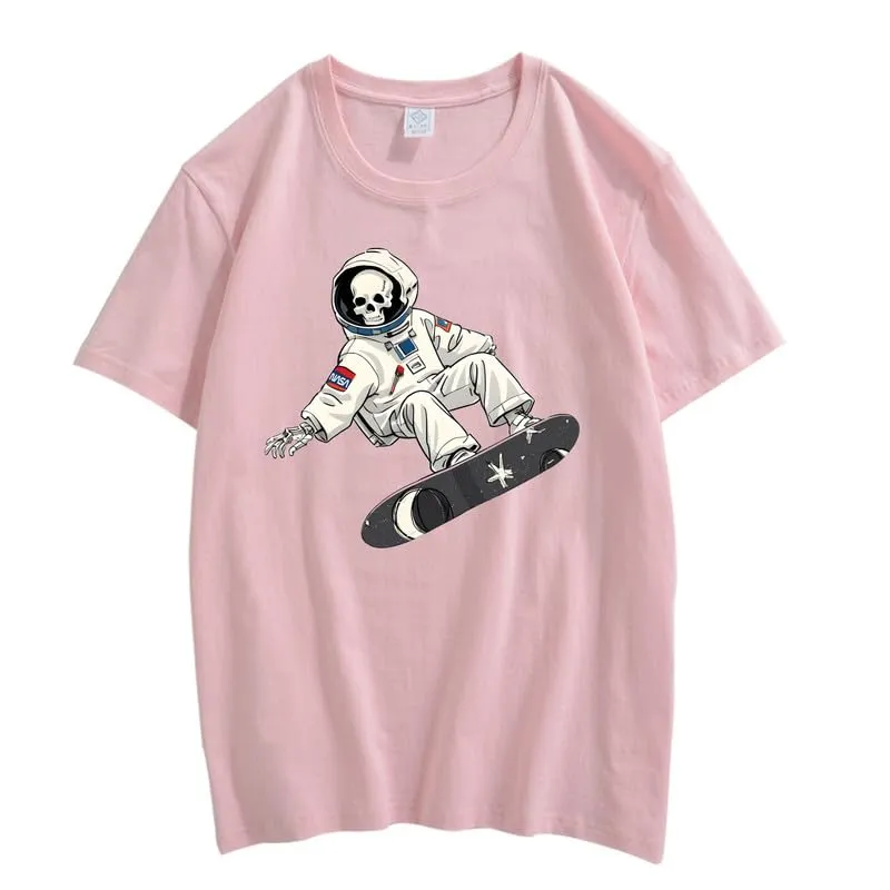 CORIRESHA Women's Skull Astronaut T-Shirt Casual Crewneck Short Sleeve Summer Skateboarding Top