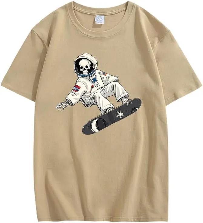 CORIRESHA Women's Skull Astronaut T-Shirt Casual Crewneck Short Sleeve Summer Skateboarding Top